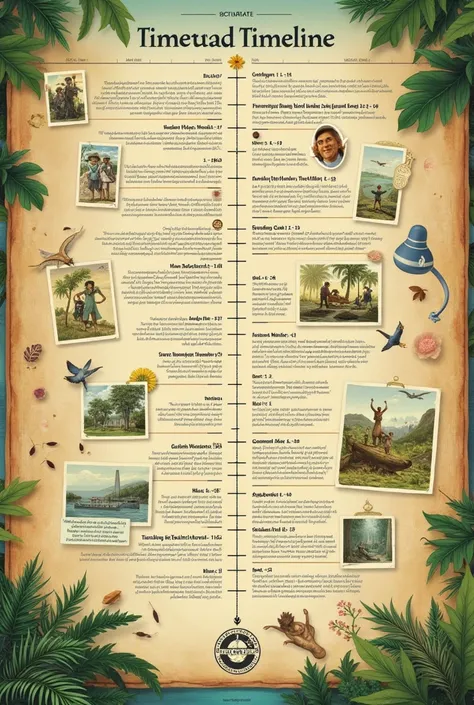 Make me a timeline with the dates from the botanical expedition book told the ren dates names and characters
