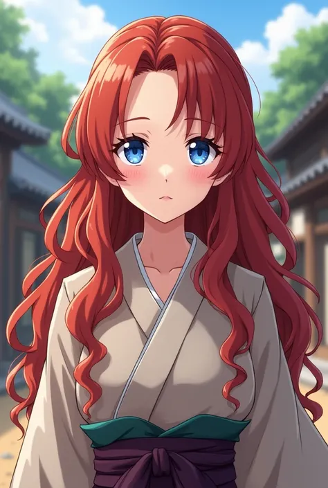  Make the anime-style image of a woman with a pale white complexion,   blue eyes and wavy hair  ,   color red and very long  .   She wears Japanese peasant clothing  , Its quite simple  .   In the background she is in a village in Japan Sengoku .  To give ...