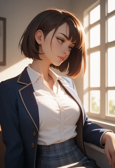 contemplative nude high school girl with dark brown hair in a bob cut, wearing a blue blazer over a white shirt and plaid skirt, medium bust, gazing out a window, golden-hour lighting, waist-up, nostalgic tone