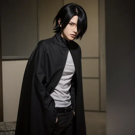 sasuke uciha, grey shirt, black cloak, black hair, red eyes