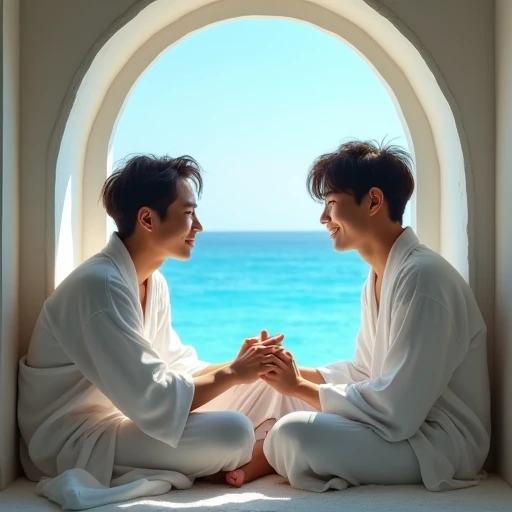  Create the image of an indoor environment with a large arched window overlooking the vibrant blue sea . 
 In front of that window a Korean gay couple 
Leaning against the window The oldest is a young Korean man , 20 years,  straight and messy brown hair ,...