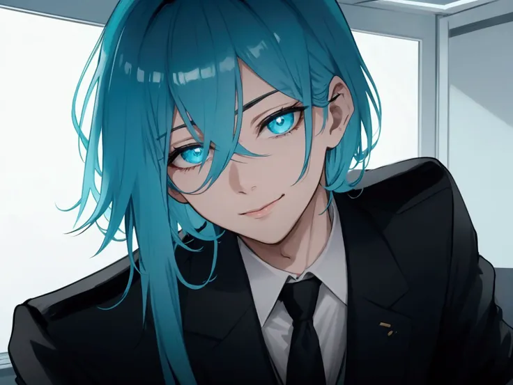 Imagine a young man,  whose hair is half cyan and half black . Do you have cyan eyes . Wearing a black military suit whose tie is dark blue.  in the background is a news office .  he looks at the screen giving a light smile with his lips .