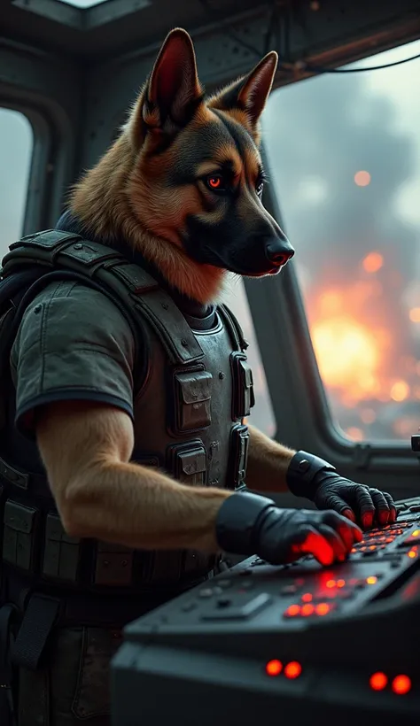 "A humanoid German Shepherd soldier, standing confidently inside a war tank. The soldier is dressed in full combat gear, including a reinforced tactical vest, helmet, and heavy-duty gloves. The canine features are still apparent, with sharp, alert eyes and...