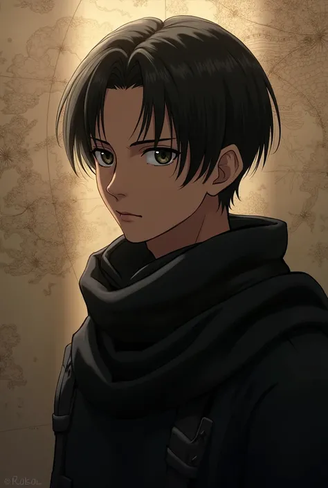 Young male of  with refined nose brown skin not so short hair attack on titan version map with black clothes
