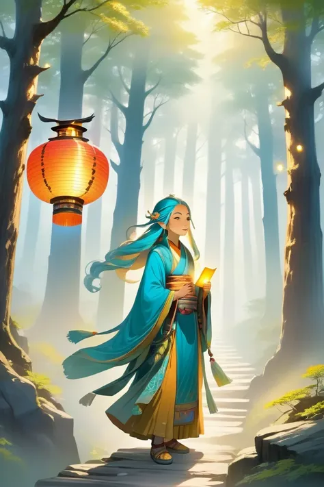 A wise Oracle standing calmly on a misty mountain path surrounded by towering ancient trees; colorful lanterns glow softly along the path, casting warm light on the Oracle’s serene face as they look forward with peaceful determination.