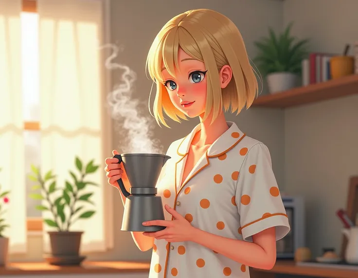  is a relaxing way to start the day.  blonde, bob haircut, Hair curls . Brewing coffee every morning in white orange polka dot pajamas . atmospheric