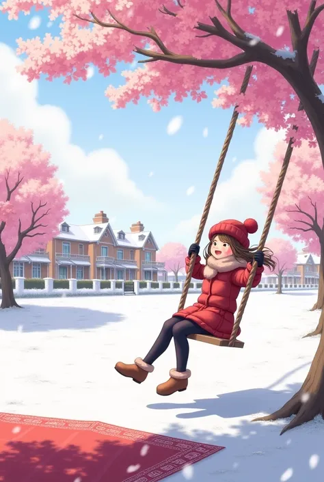 Many elegant houses in the horizon 
With pink trees 
In the foreground girl on a swing on hill 
Hanging on the tree from behind on the ground red pick nick blanket it snows the girl has winter clothes 