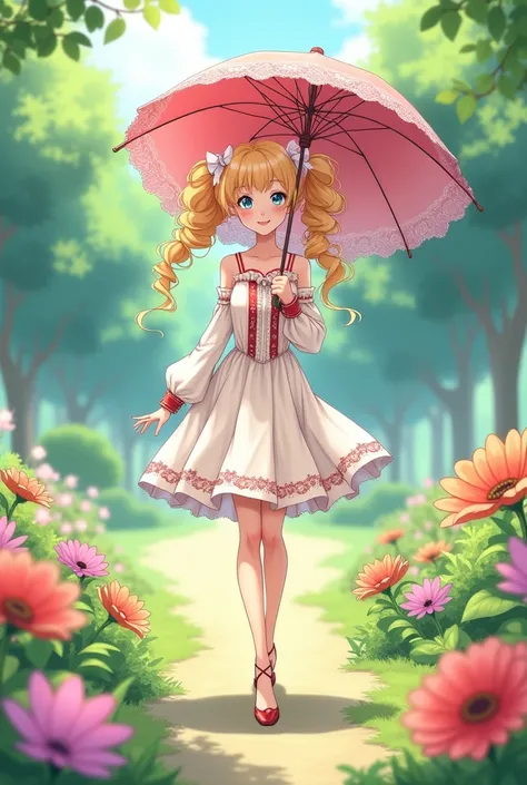 Make me an image of Candy Candy, a young adult with curly blond hair styled with 2 pigtails with bows, wearing a beautiful white dress with vertical red stripes and long sleeves with embroidery while holding an umbrella covering herself while walking throu...