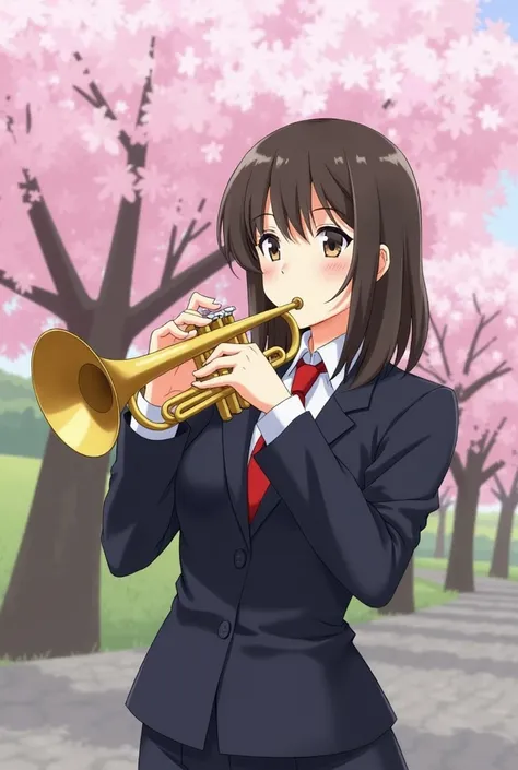 arafed woman in a suit playing a trumpet in front of a cherry tree, trumpet,  musician , band, Fanfare , watermark:-1, [   Realistic Pictures ]!!, Girl playing the flute,  Kotegawa Yui , Yoshitomo Nara, Marketing Photos, Ayaka,  happy !!!, tuning, band pla...