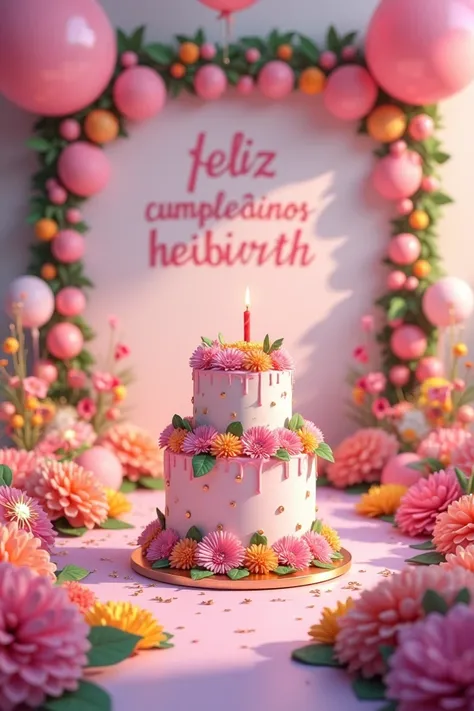 A party room with many cool flowers sweet, pastel colors Letters on the wall in the back say “Feliz cumpleaños HEIBERTH". A birthday cake in the front, Ballons, glitter, painting, anime, typography, 3d render