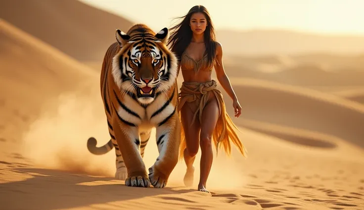 photograph of a giant saber-toothed tiger that protects a beautiful primitive woman, the tiger and the woman walk along a beautiful desert full of dunes, The woman is young, her body is slim but athletic, her hair is long and straight, her facial expressio...