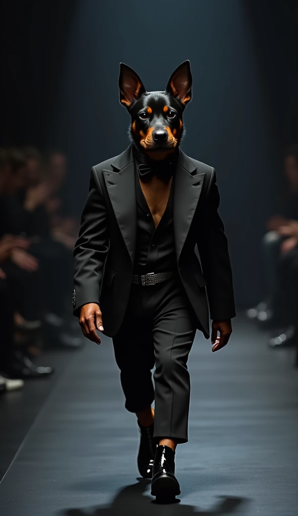 ((masterpiece)), ((best quality)), A baby rottweiler walks confidently in a sleek, all-black Yves Saint Laurent outfit. The ensemble includes a tailored black tuxedo with a deep V-neck shirt and a satin bow tie. Glossy black ankle boots and a slim silver b...