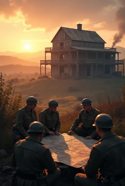  A multi-story rural farm with World War II soldiers preparing for a mission. At dawn 