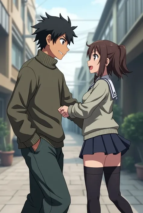 A guy with messy black hair, brown eyes wearing a baggy turtle neck sweater and baggy pants, and Momo Ayase from The Dandadan wearing her usual outfit, they accidentally bump into each other