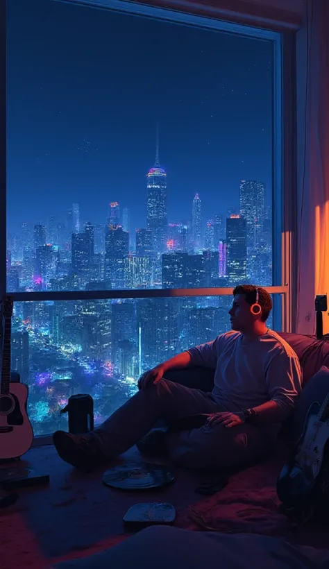 realistic anime illustration of Photo of a man listening to music wearing glowing headphones(side profile view)from his balcony sitting on comfy coach seeing the city, full view Text why you, Super detail, Vintage wave, Cyberpunk, Sad atmosphere, Luminous ...