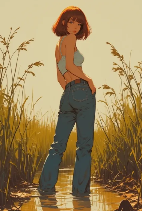 80s glamour magazine,vintage tight jeans, drowning in bog reed clay pit, top, copper bob-cut, standing artistic posing, void background, looks back, close-up portrait