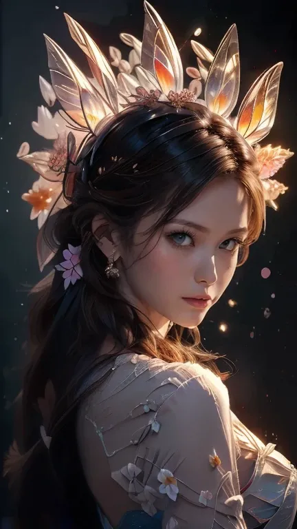 Pretty woman, , Sweet, tender, flores,  butterflies around your head,,  warm colors , backlights, magic,  long hair , keep face, fantasy Masterpiece ,  Best quality , 