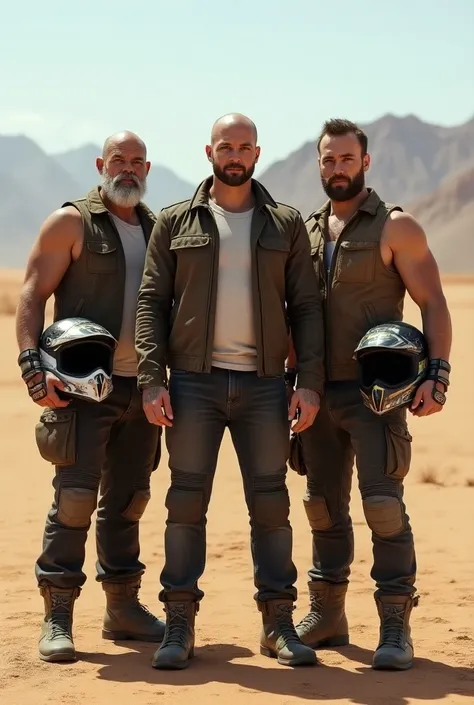 Trois motards de 40ans dont un chauve et Barbu et musclé,  another bald and athletic without a beard and a third bald and bearded and weighing more than 110kg, All three posing standing in a desert with a motocross helmet in hand  