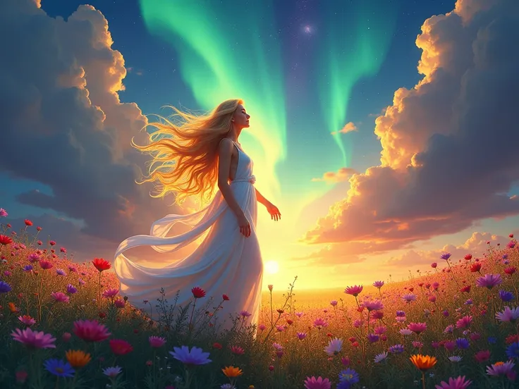  A vibrant image of a goddess with golden hair and radiant light,  accompanied by a field of colorful flowers . In the background,  a great aurora illuminates a sky where the shadows of darkness recede , giving way to light .

