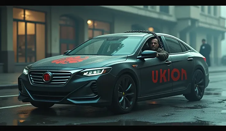  A modern car is parked on the front and rear closed doors, a large inscription on "Uklon " ,a man is driving a man wearing a collar to a collar, a large iron chain attached to a collar ,