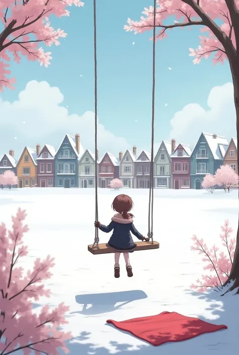 Many elegant houses in the horizon 
With pink trees 
In the foreground girl on a swing on hill 
Hanging from behind the tree, you can see the girl on the ground red pick nick blanket it snowing the thin brown-haired ponytail girl has winter clothes realist...