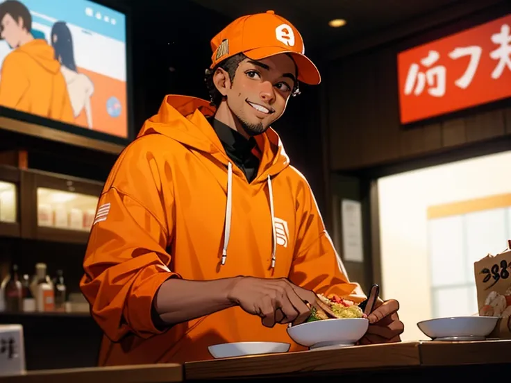 38 year old black american man wearing an orange hoodie and a orange cap looking at a Sukiya restaurant in Tokyo looking delighted.