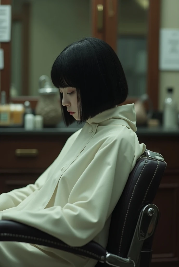  one girl ,  black haired, bangs, Bob Haircut,  Im wearing a white poncho for a haircut ,  sitting on a barber chair with her back stretched out,  inside an old Showa retro barber shop , Mental Silence , Transcendent Silence,  absurd,anxiety、regret、  Hi-Re...