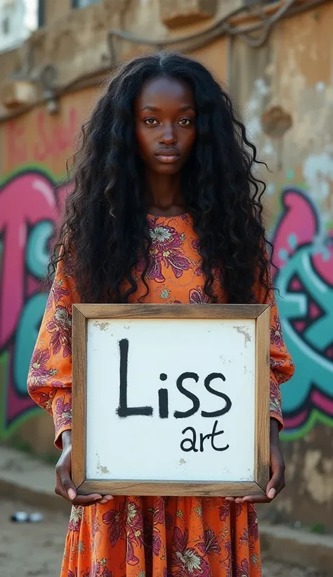 Beautiful native africa, fairy,wavy long hair, insane modern dress, holding a white board with text "Liss art" and showing it to the viewer,full body  length  shot, native africa, Weakened by my soulful cries,Shoulders falling down,haughtiness,sassiness,be...