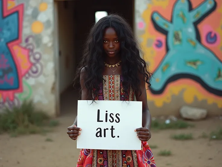 Beautiful native africa, fairy,wavy long hair, insane modern dress, holding a white board with text "Liss art" and showing it to the viewer,full body  length  shot, native africa, Weakened by my soulful cries,Shoulders falling down,haughtiness,sassiness,be...