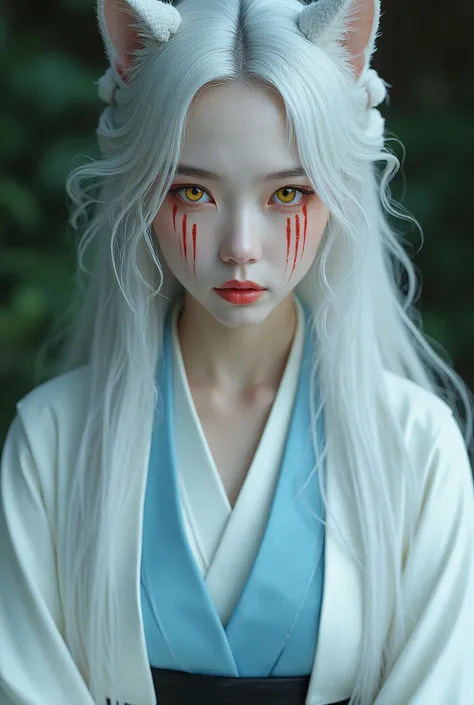 (a beautiful woman, white skin with white snake skin),(silver hair),(yellow cat eyes),(makeup with red stripes under each eye),(wearing blue lipstick on her mouth),(she wears a white haori/Japanese coat over a light blue kimono with black hakama/Japanese p...