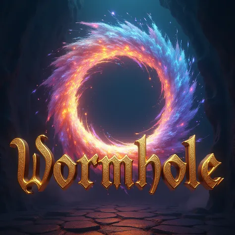 The front of a colorful wormhole with gothic gold text floating infront of the wormhole "H.O.L.E."