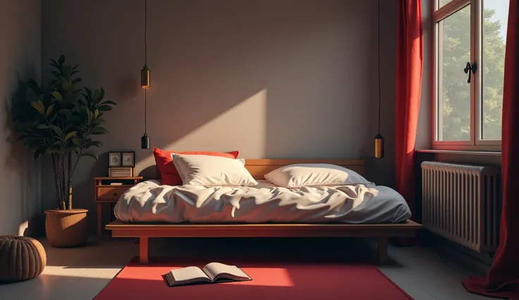 Create an image of a simple bedroom with a bed and notebook with black and red colors 