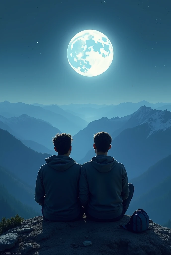 Two male friends sitting on mountain Infront of full moon
