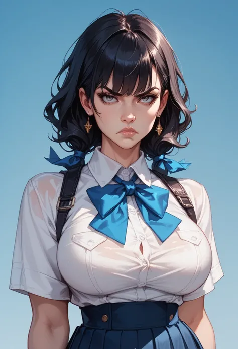 mature-looking nude high school girl with straight jet-black hair and sharp bangs, wearing a fitted white blouse with a blue ribbon and a tight pleated skirt, extremely large breasts, serious expression, cinematic shadows, waist-up, clean background