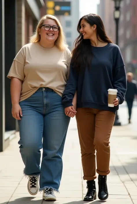  Realistic image of two girls walking arm in arm , laughing.  One of them is a blonde , chubby,  wear oversized denim pants at the waist and an oversized fringed beige t-shirt;  wears white sneakers with black . The other girl is a brunette ,  of black hai...