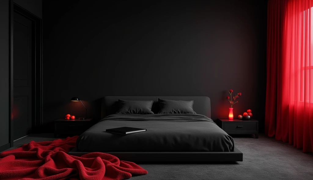 Create an image of a simple bedroom with a bed and notebook with the colors black and red of all black and red 