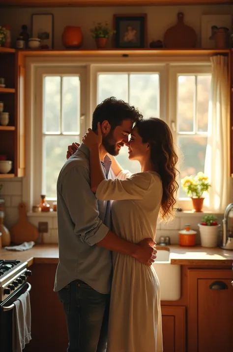 A guy and girl in the cottage kitchen, while the guy preparing food for her, while she is hugging him from back and teasing him