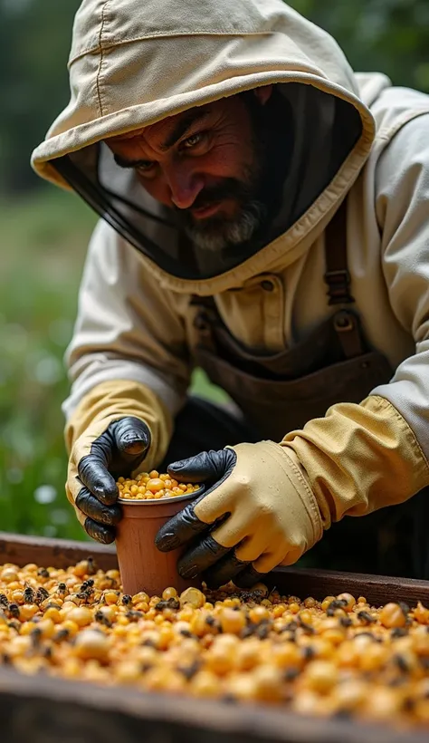 Create a realistic image of a beekeeper crushing garlic cloves in a container above a bee hive, Hyperrealistic cinematic 9 :16 