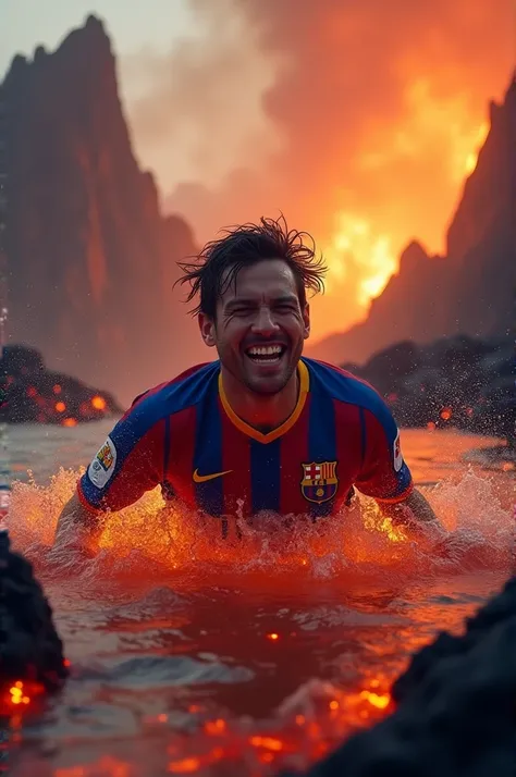 A crazy person swims in volcanoes in a FC Barcelona shirt 