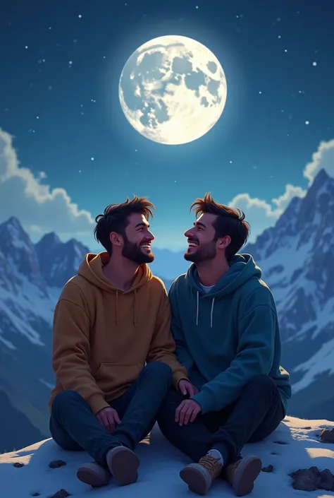 Two male friends sitting on the mountain and Loughing loudly Infront of full moon 