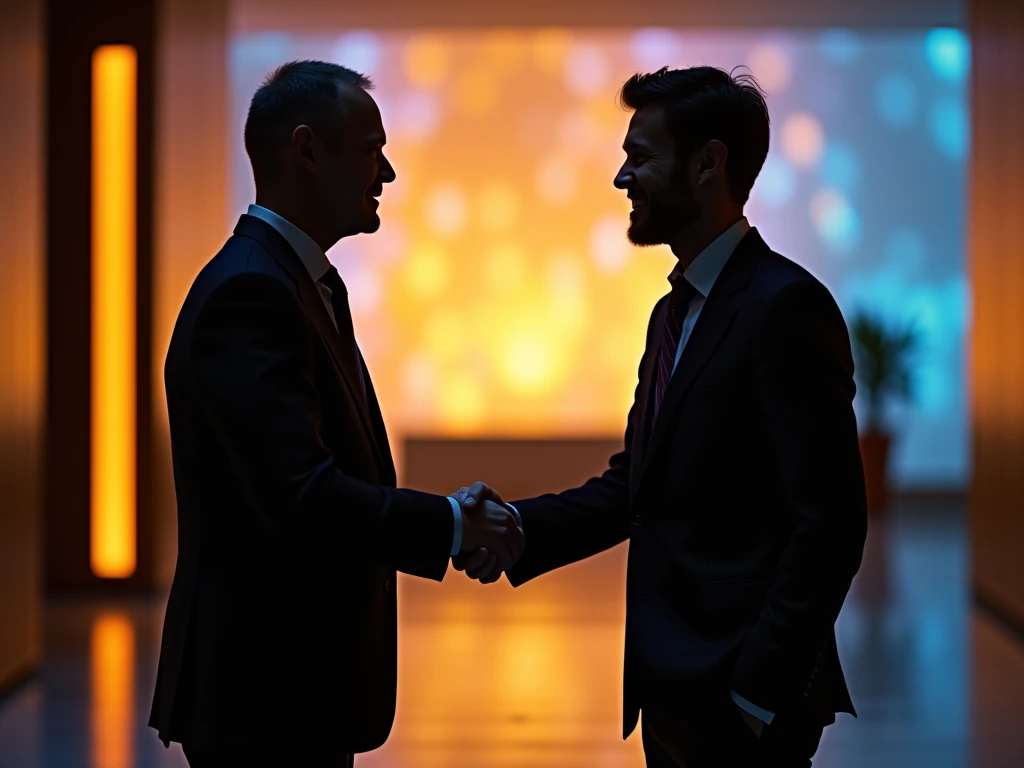 The image features two men in formal business attire, engaging in a handshake. Both individuals are silhouetted against a vibrant, illuminated background, creating a striking contrast. The background consists of warm, golden hues and hints of blue, likely ...