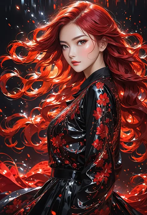 The image portrays a person with long, flowing red hair that appears vibrant and wavy. The individual is wearing a black outfit adorned with sparkling or reflective details. The overall theme and colors of the image give off a dramatic and intense atmosphe...