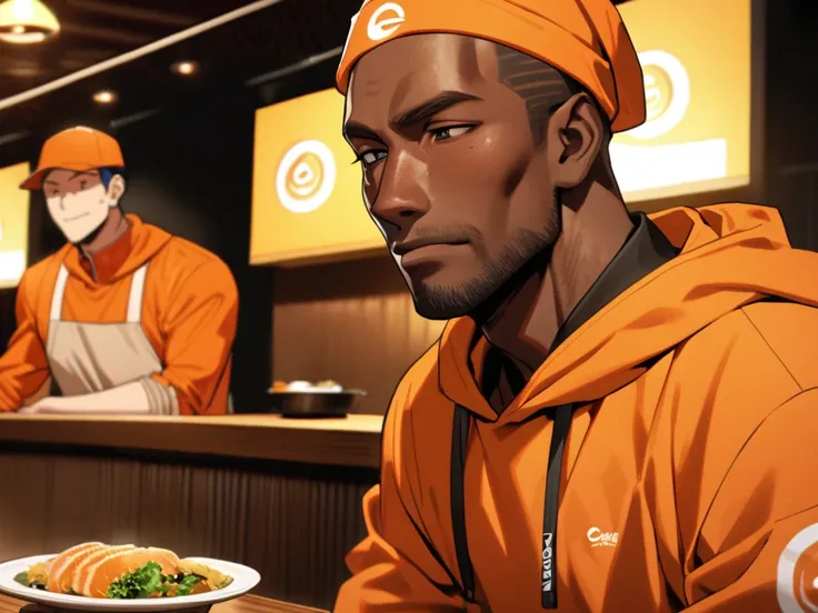 38 year old black american man wearing an orange hoodie and a orange cap looking at a Sukiya restaurant in Tokyo has a satisfied look his face. He is slim but athletic. 