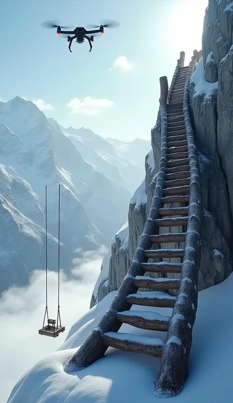 The drone hovers at a distance, capturing a majestic mountain range shrouded in winter’s icy grasp. In the center of the frame is an enormous wooden ladder, seemingly anchored to the mountainside and extending skyward, almost disappearing into the clouds. ...