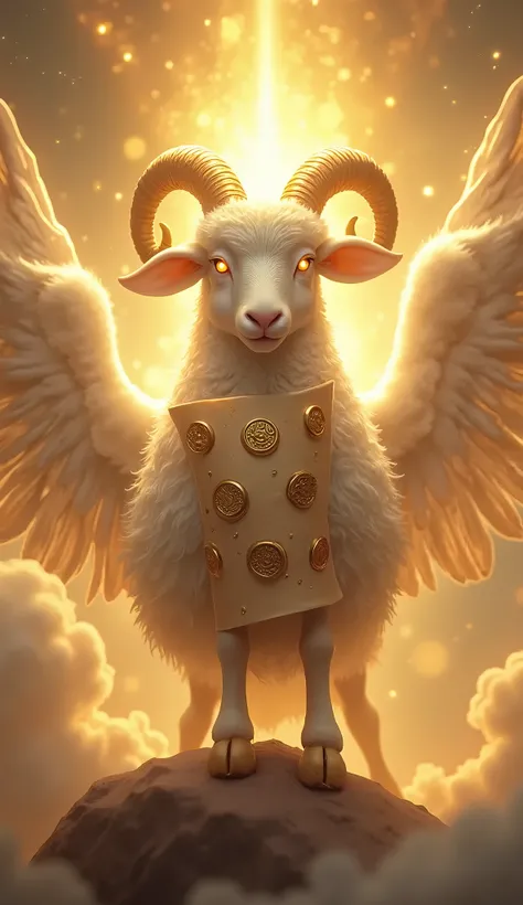 A Heavenly Lamb ,  with seven horns and seven eyes ,  shines brightly while holding a scroll sealed with seven seals on its front leg .  The lamb is surrounded by an aura of golden light and is observed with reverence by angels and heavenly creatures in th...