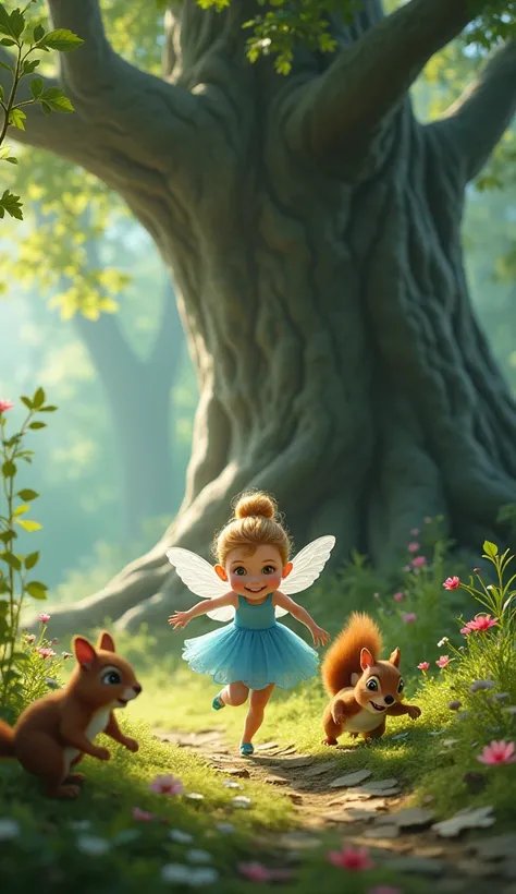  the wings are fluttering on the sky blue dress 、 A small forest baby fairy running around the base of a large tree 、Being chased by cute squirrels 。 the fairy looks back with a naughty smile on her face、 squirrels are playfully jumping behind it 。 The gro...