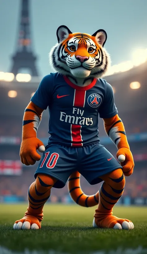 A humanoid tiger, sleek and agile, wearing Paris Saint-Germains dark blue jersey with red and white accents, is positioned on the field in Parc des Princes stadium. The tiger’s orange and black stripes stand out against the uniform, and his tail flicks wit...