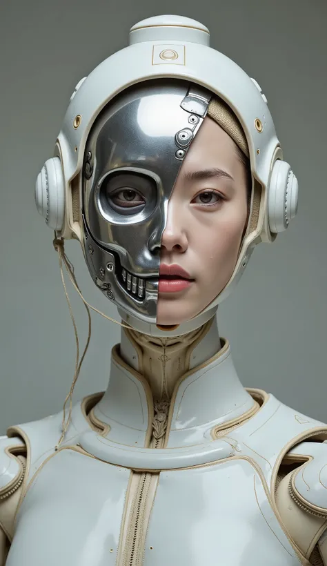 Chinese elements, half metal skull, half terracotta face, half robot body, half terracotta body, titanium alloy combined with white ceramic, a sense of future science and technology, the composition of the full cover magazine, bold creativity, amazing imag...