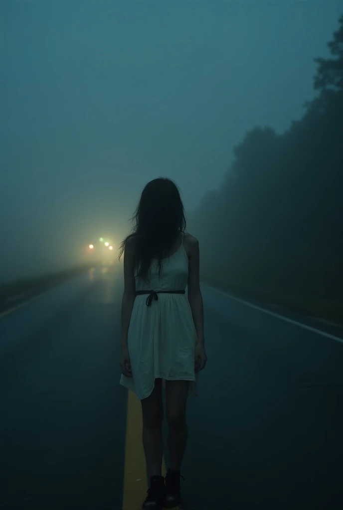 A deserted and isolated road on a foggy night. In the center of the image, a mysterious woman, dressed in a dirty and worn white dress, appears standing on the side of the road, with her hair falling over her face, partially hiding her features. The dim li...