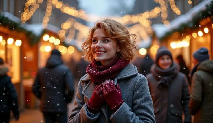 A young woman with short, wavy red hair stands in the middle of a lively winter street festival, surrounded by twinkling fairy lights, festive decorations, and people enjoying the chilly night. She’s dressed in a warm, stylish gray wool coat with a burgund...